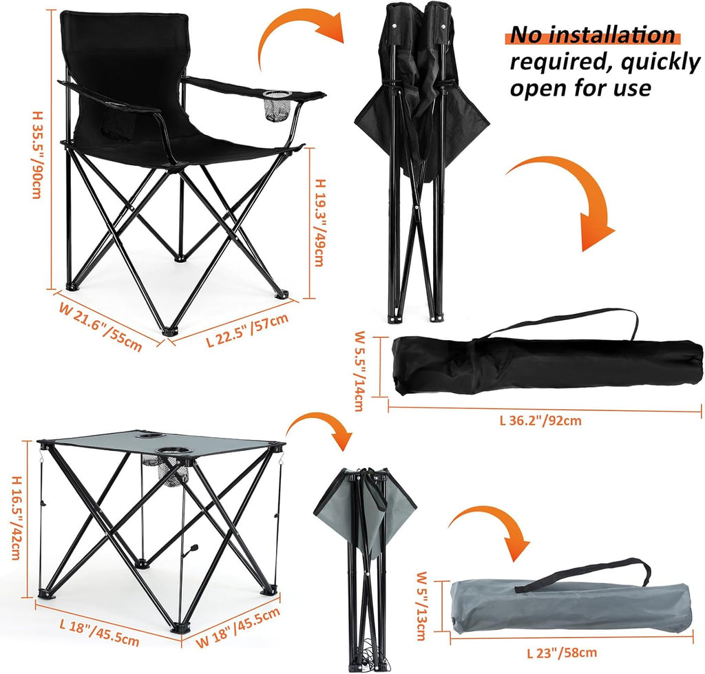 Leonyo 2 Pack Camping Chairs for Adults, Lawn Chairs with Table, Heavy Duty Folding Chairs for Outside Oversized & Comfy Sports Chair for Adults Fishing, Beach, Patio, Hiking, Lawn, Travel - Black