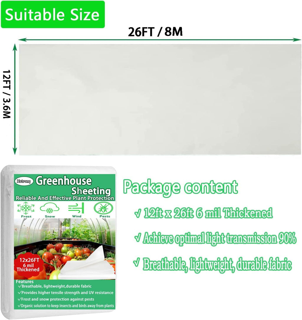 12FTx26FT Greenhouse Plastic Sheeting, 6 Mil Thick Clear Polyethylene Film, Waterproof Wind Frost Dust UV Resistant Green House Plastic Covering for Outdoor Plant, Garden, (12ft x 26ft)