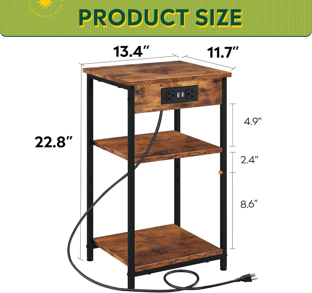 WLIVE End Table with Charging Station, Small Night Stand with Storage Adjustable Shelf, Side Tables for Small Spaces, Bedside Tables for Living Room, Bedroom, Rustic Brown