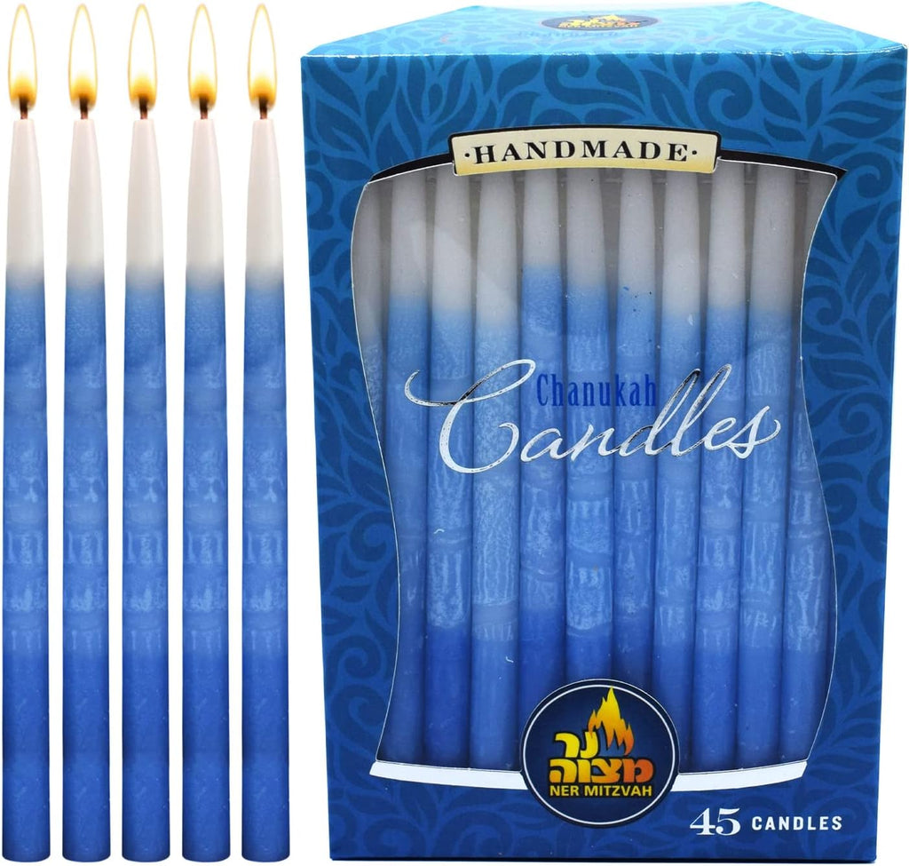 Ner Mitzvah Dripless Chanukah Candles, Decorated Ombre Blue & White Hanukkah Candles Fits Most Menorahs, Premium Quality Wax for All 8 Nights of Hanukkah - Standard Size - 45 Count