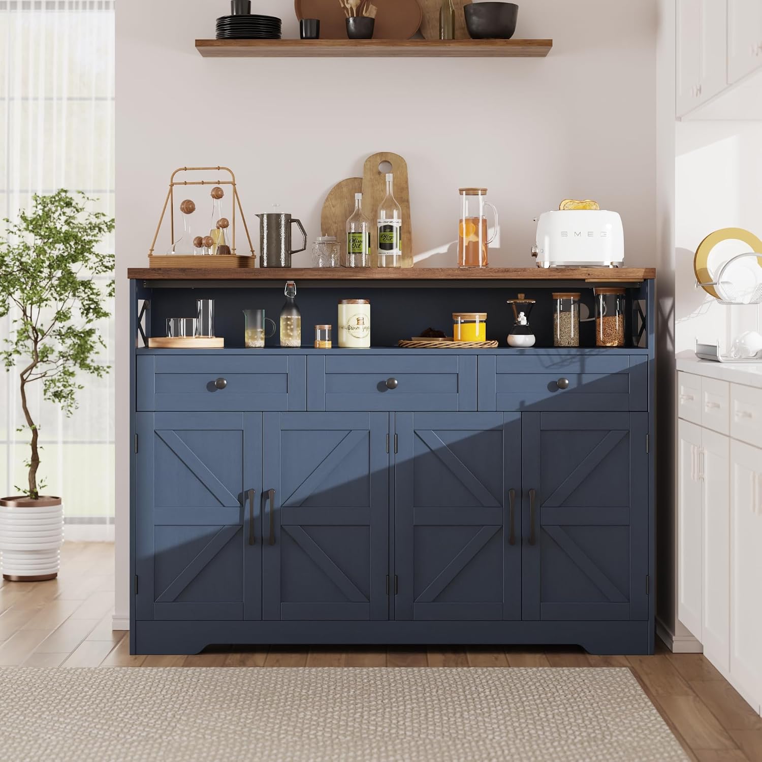 Befrases Farmhouse Buffet Cabinet with Drawers & Open Shelf, Sideboard with Storage, Kitchen Pantry Cabinet Hutch, Coffee Bar Station for Kitchen, Livingroom, 52" L Blue