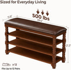 Homleke Solid Wood Shoe Storage Bench with Cushion,Classic Turned Ball Legs | 3-Tier Tall Entryway Bench with Leather Seat, Holds Up to 12 Pairs, for Hallway and Bedroom, Walnut, 39.4 Inch