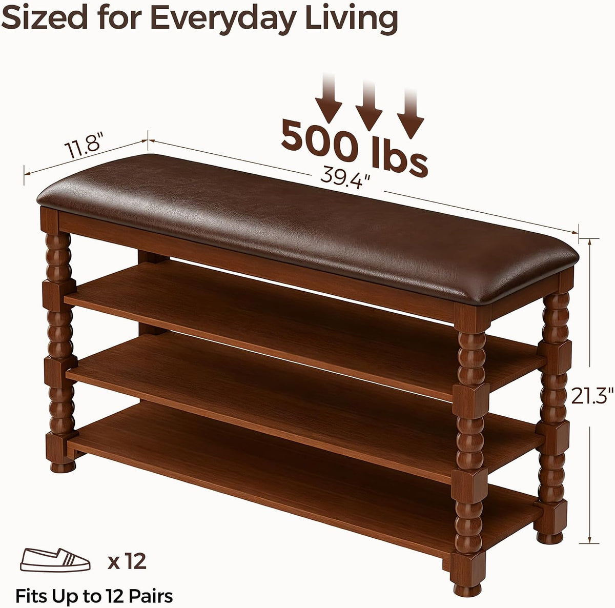 Homleke Solid Wood Shoe Storage Bench with Cushion,Classic Turned Ball Legs | 3-Tier Tall Entryway Bench with Leather Seat, Holds Up to 12 Pairs, for Hallway and Bedroom, Walnut, 39.4 Inch