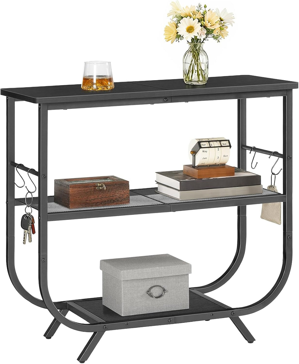 HOOBRO 3 Tier Small Console Table, 31.5" Entryway Table with Storage Shelf, Narrow Sofa Table, Behind Couch Table, Hallway Table with S-Hooks, for Living Room, Black BB63XG01