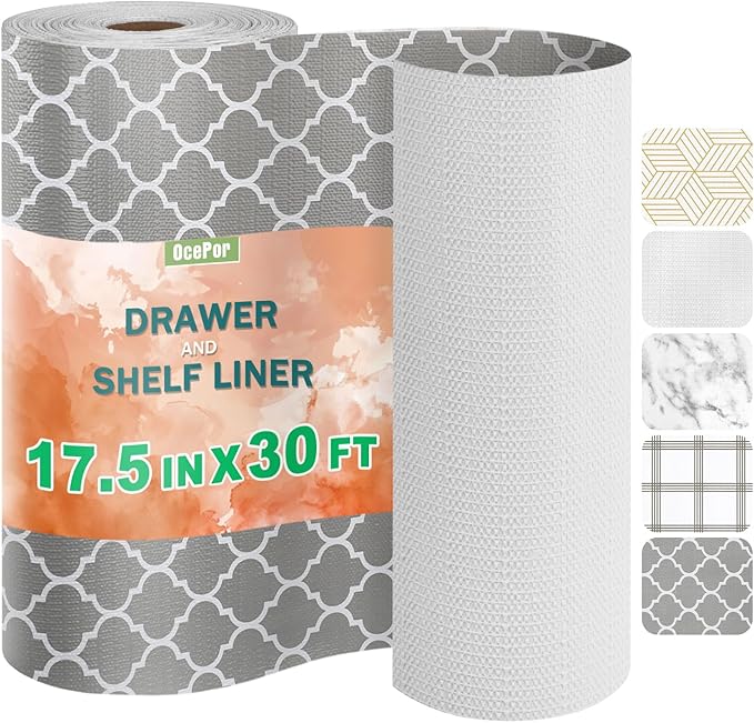 OcePor Non-Adhesive Drawer and Shelf Liner 17.5IN x 30FT，Non Slip Cabinet and Cupboard Liner, Kitchen Cabinet Liners for Shelves, Waterproof Drawer Shelf Liners for Cabinets/Bathroom Cupboard