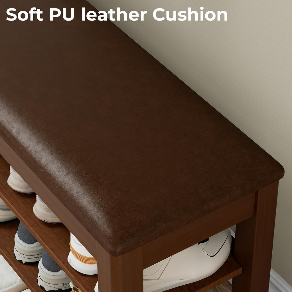 Homleke 39.4" Wide Solid Wood Shoe Rack Bench with Flip-Top Storage | 2-Tier Entryway Bench with Cushion, Adjustable Shelf, Holds Up to 10 Pairs, for Hallway, Bedroom and Closet, Walnut