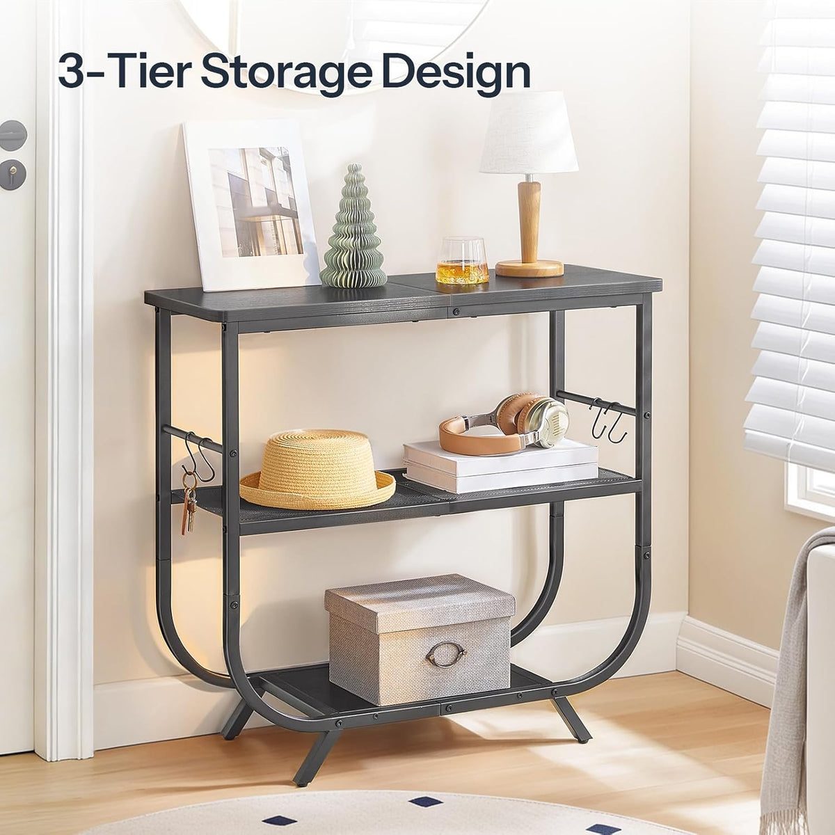 HOOBRO 3 Tier Small Console Table, 31.5" Entryway Table with Storage Shelf, Narrow Sofa Table, Behind Couch Table, Hallway Table with S-Hooks, for Living Room, Black BB63XG01