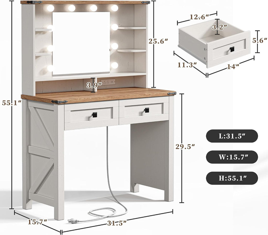 EnHomee Farmhouse Vanity Desk, Mirror & Lights, Women Bedroom, White