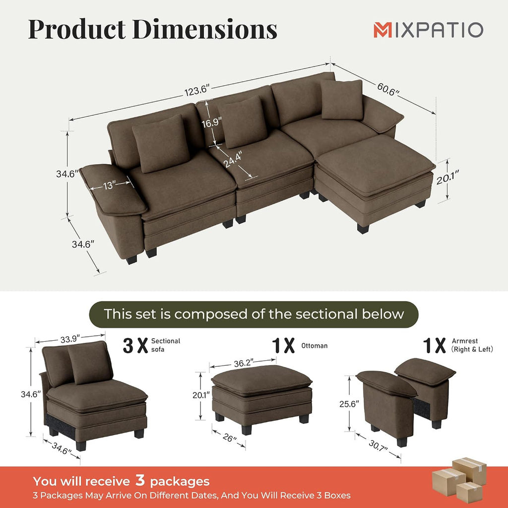 MIXPATIO 124" 4-Seat L Shaped Modular Sectional Sofa,Chenille Taupe | Modern Sectional Couches for Living Room, Wider Armrest and Deep Seat, Comfy Cloud Sofa, Soft Chenille Furniture