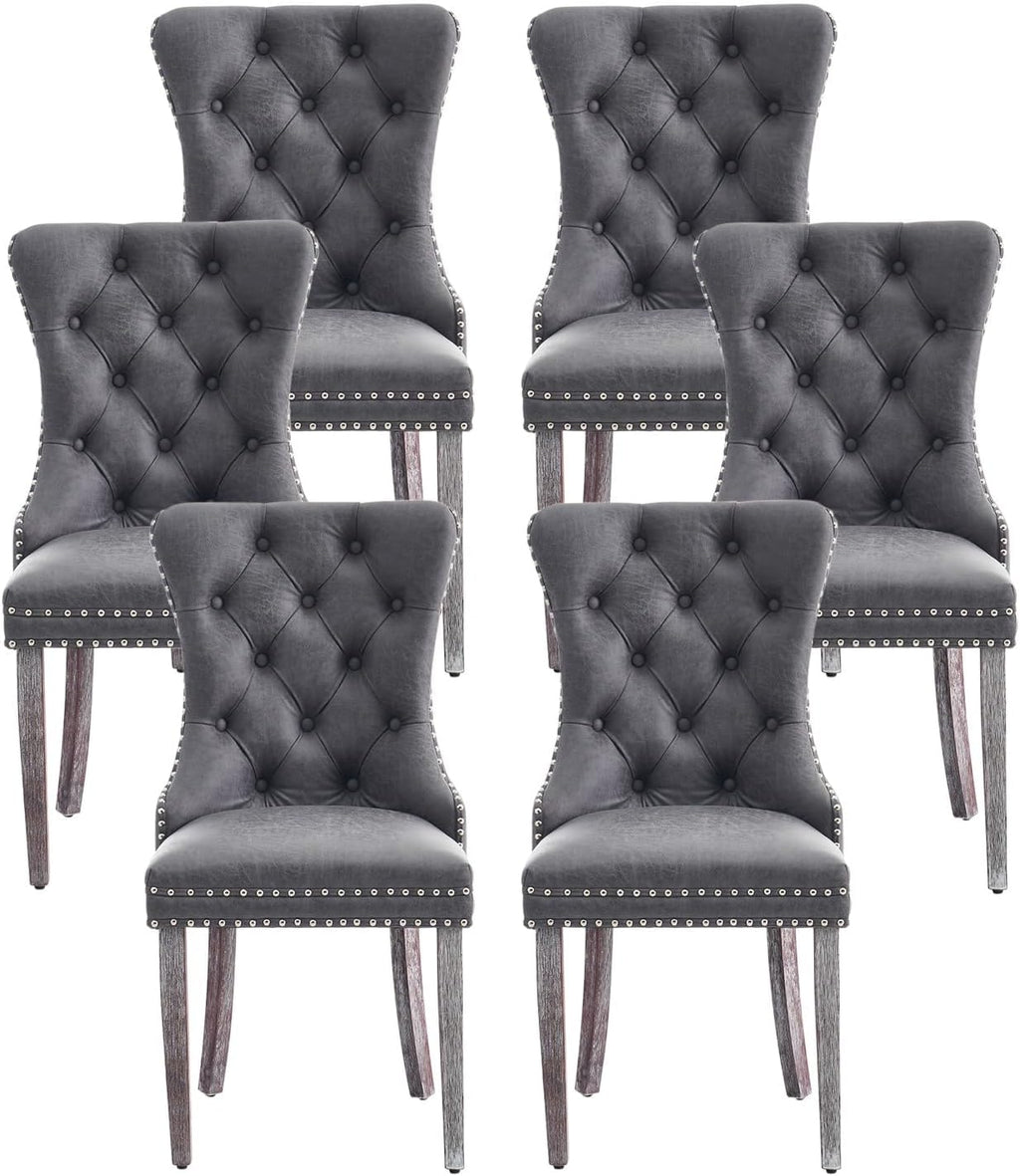 Leather Dining Chairs, Upholstered Dining Room Chairs, Grey, Set of 6 | Dining Chairs Set of 6, Leather Fabric, High Wing Back, Metal Pull Ring, Wood Frame, Mid Century Modern
