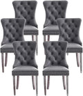 Leather Dining Chairs, Upholstered Dining Room Chairs, Grey, Set of 6 | Dining Chairs Set of 6, Leather Fabric, High Wing Back, Metal Pull Ring, Wood Frame, Mid Century Modern
