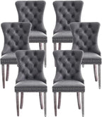 Leather Dining Chairs, Upholstered Dining Room Chairs, Grey, Set of 6 | Dining Chairs Set of 6, Leather Fabric, High Wing Back, Metal Pull Ring, Wood Frame, Mid Century Modern