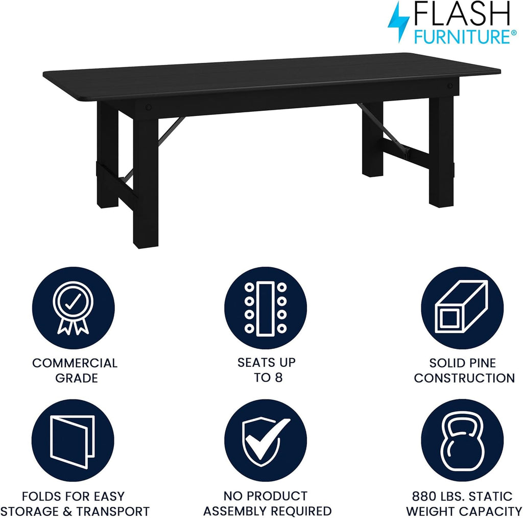 Flash Furniture Hercules Commercial Rectangular Farmhouse Folding Table, Antique Rustic Solid Pine Dining Room Table, Foldable Locking Legs, 8' x 40", Black Wash