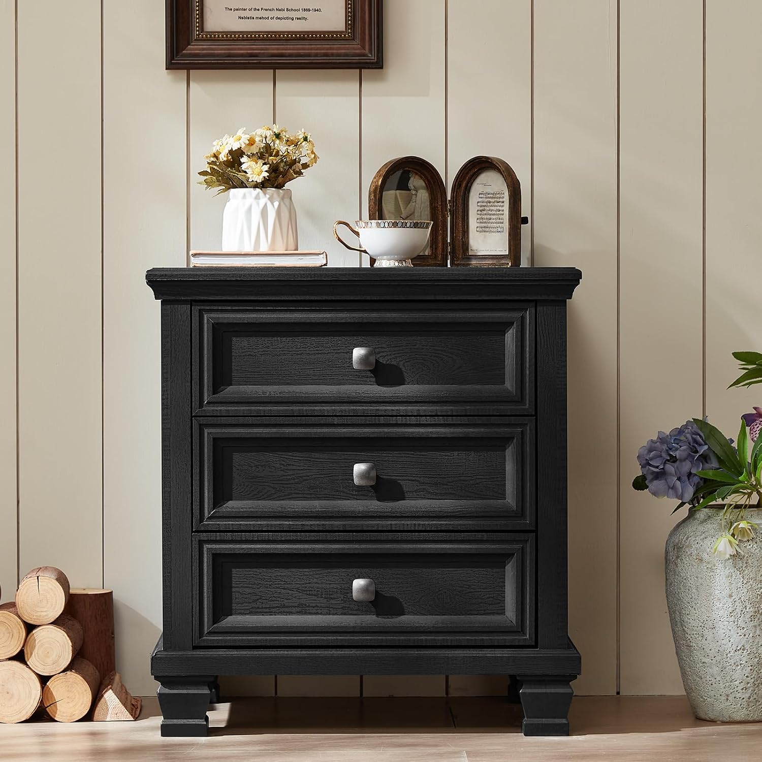 SAVOR LIFE 3-Drawer Nightstand Set of 2 with Solid Wood Legs, Black | Pair of three-drawer bedside tables with sturdy square wood legs for matching bedroom storage or living-room end tables