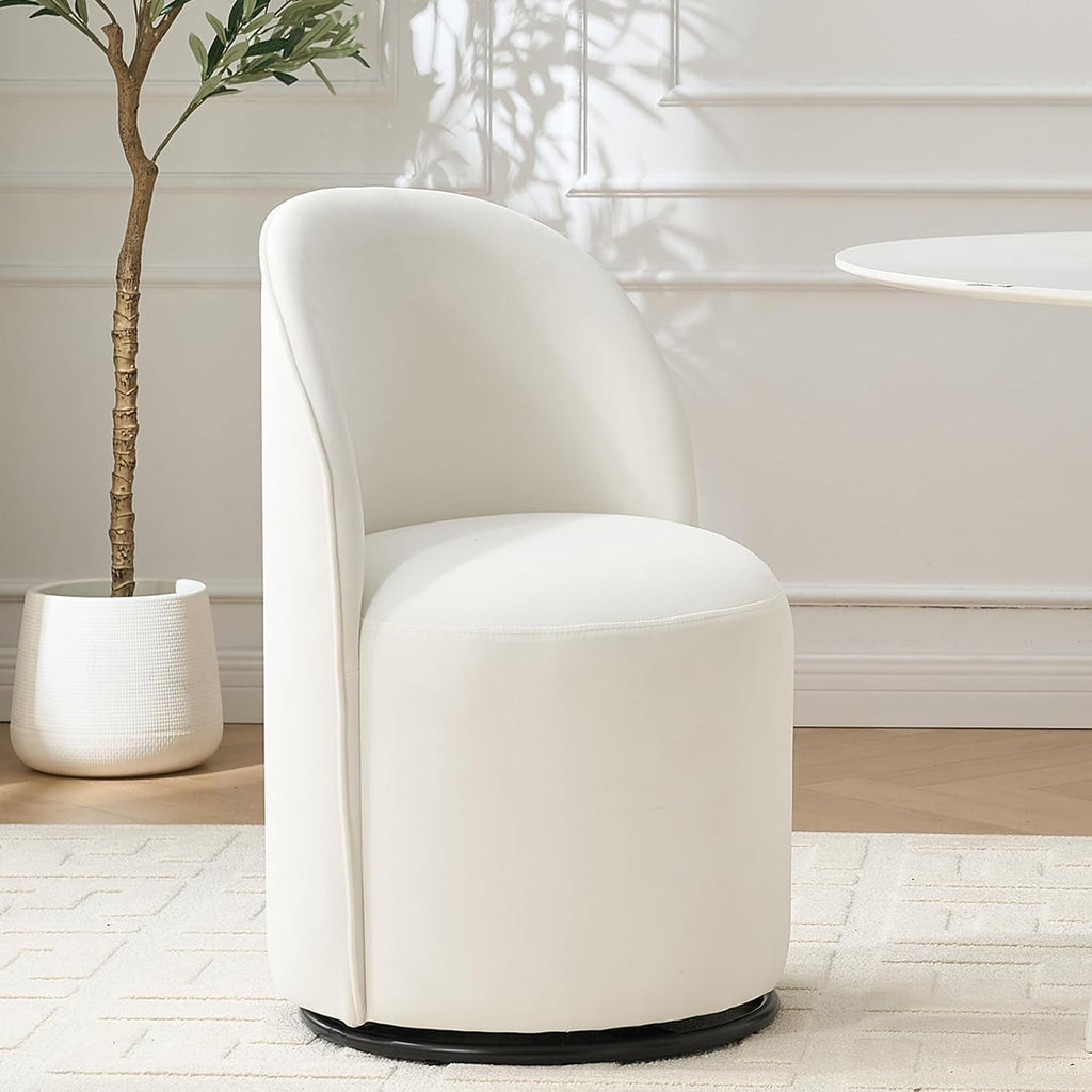 360 Degree Swivel Barrel Chair, Mid Century Modern Round Velvet Dining Chair Comfy Upholstered Accent Chair Makeup Vanity Side Chair for Kitchen & Dining Room Living Room Bedroom (Cream)