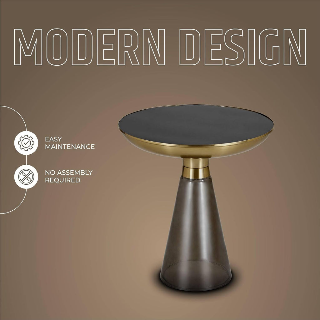 LeisureMod Side Table, Mid-Century Modern Accent End Table with Round Tempered Glass Top & Brushed Gold Iron Pedestal Base, for Small Spaces, Living Room, Coffee, Bedroom, Hyalus Collection in Smoke