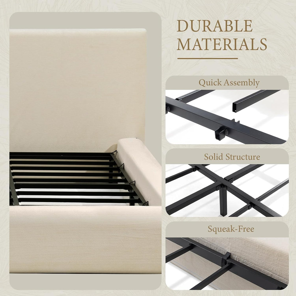 XIAO WEI Queen Cloud Bed Frame, Upholstered Platform Bed Frame with Headboard, 5.9" Thick Fully Padded Frame, Warm Ivory Ribbed Chenille Fabric, Noise-Free, No Box Spring Required, Easy Assembly