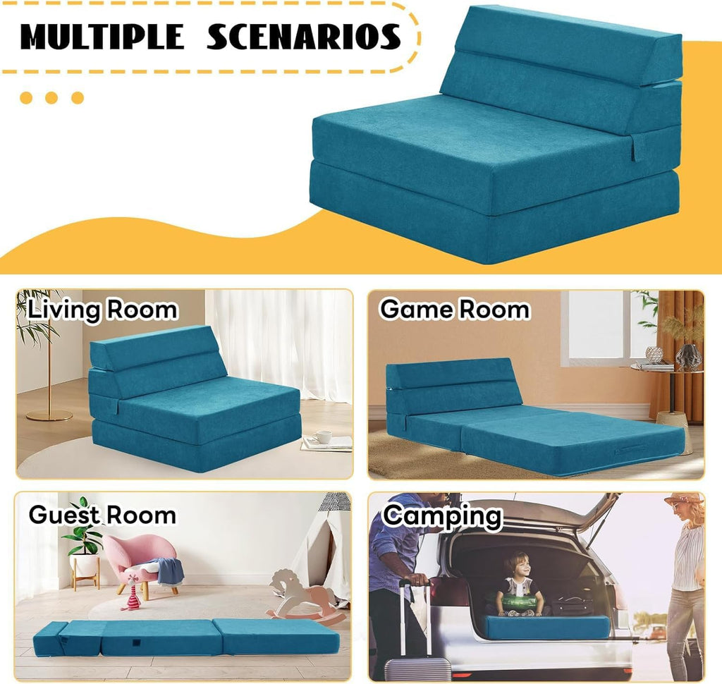 jela Foldable Sofa Bed, Convertible Sleeper Lounge Chair Floor Mattress Floor Couch with Backrest, Fold Out Futon with Washable Miss Fabric Cover for Guest Room, Living Room (83"x33",Teal)