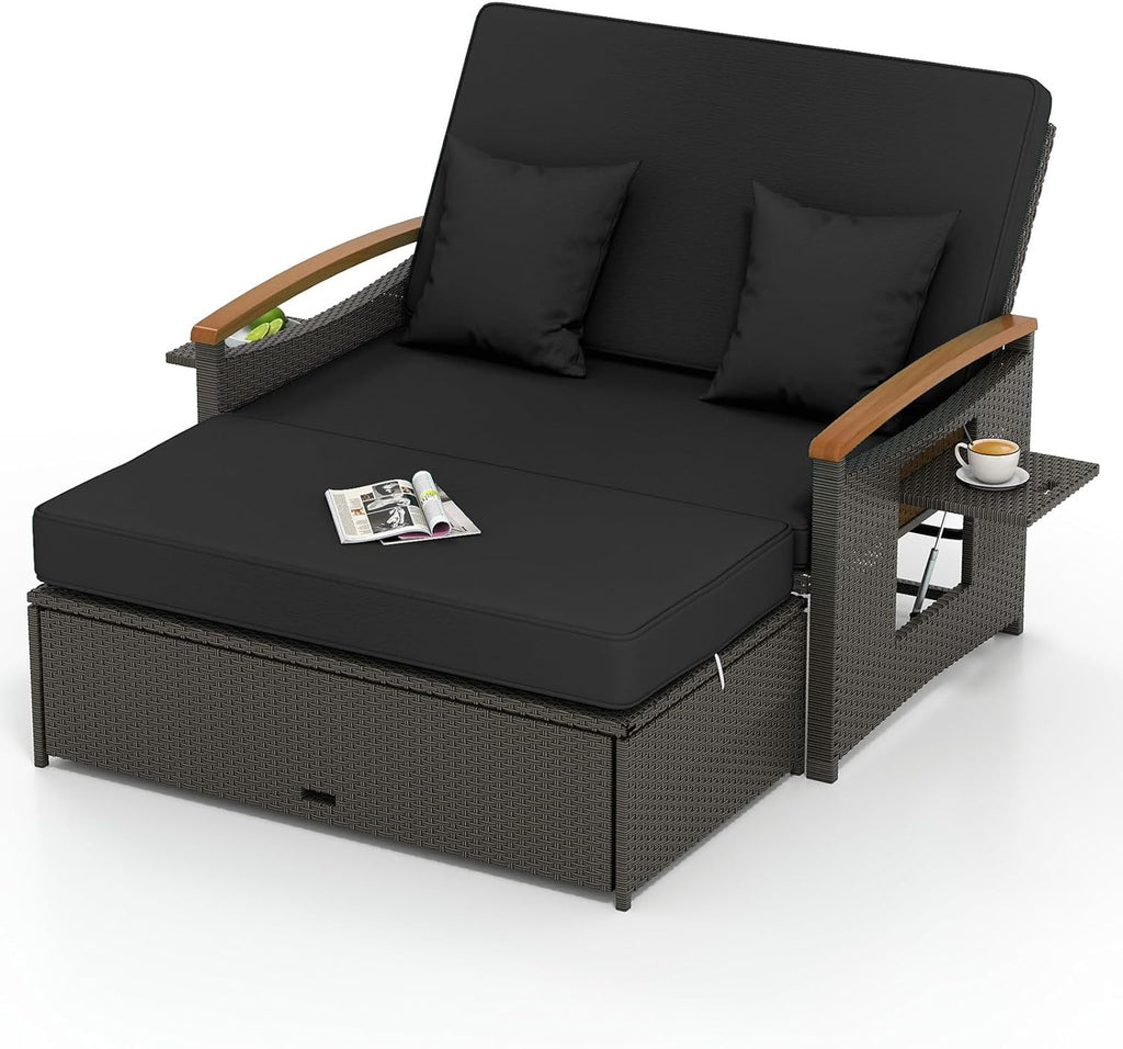COSTWAY Patio Rattan Daybed, Outdoor Loveseat Sofa with Storage Ottoman, 4-Level Adjustable Backrest & Acacia Wood Armrest, Outdoor Wicker Daybed with Side Panels for Yard, Deck, Poolside (Black)