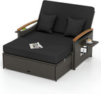 COSTWAY Patio Rattan Daybed, Outdoor Loveseat Sofa with Storage Ottoman, 4-Level Adjustable Backrest & Acacia Wood Armrest, Outdoor Wicker Daybed with Side Panels for Yard, Deck, Poolside (Black)