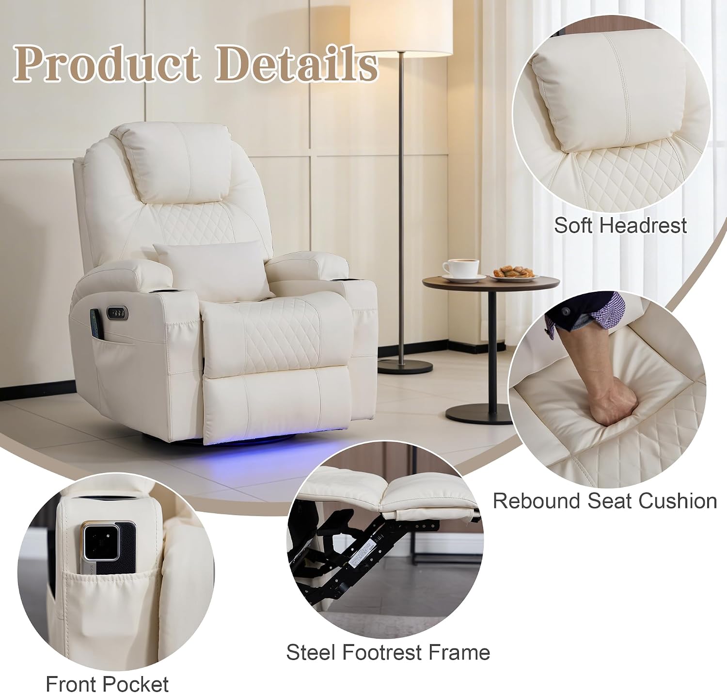 AHMED Dual Motor Power Swivel Rocker Recliner Chair, Faux Leather, Beige | Electric Glider Rocking Chairs, Massage & Heat, Cup Holders, LED Lights, USB A/USB C Ports