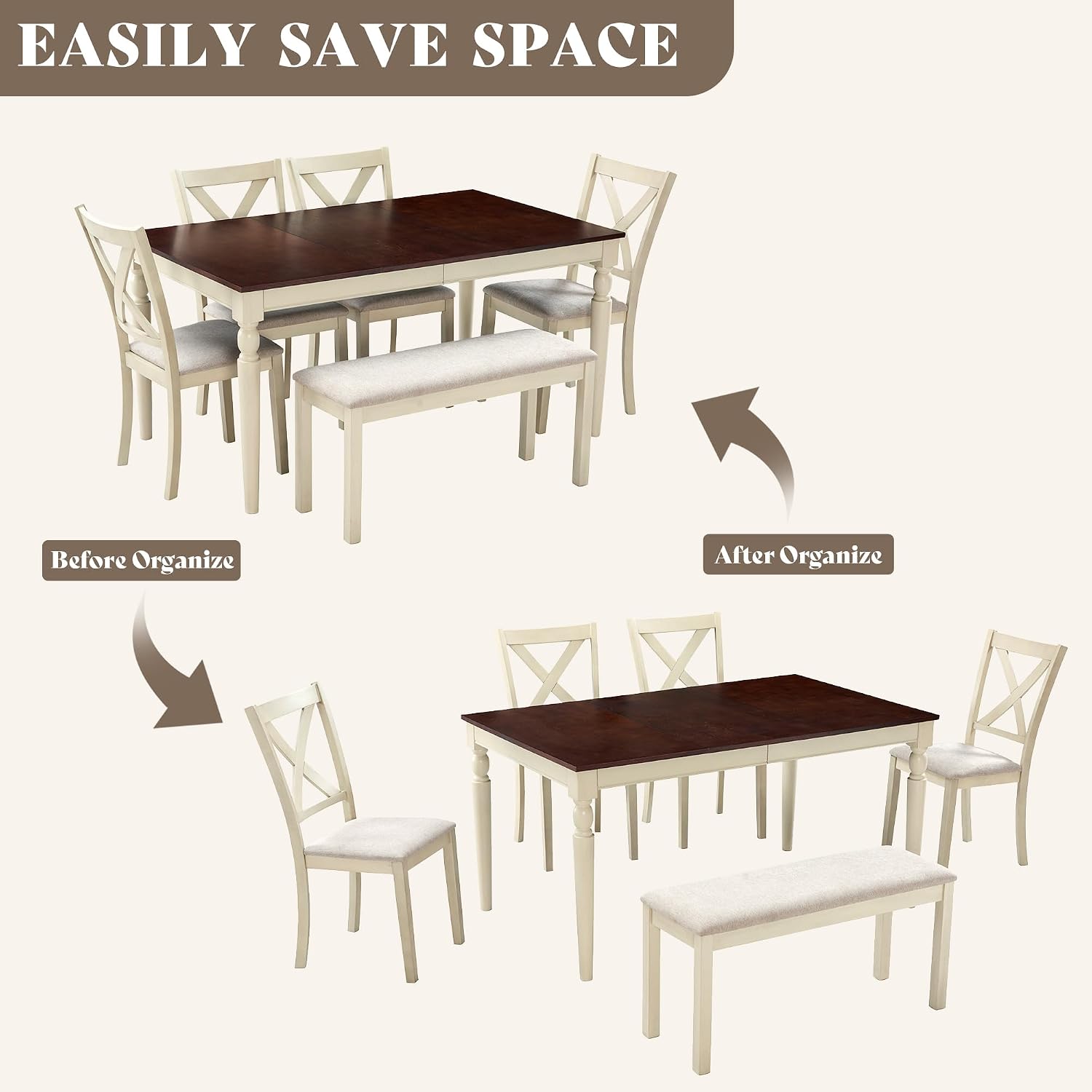 LUXOAK 6 Piece Solid Wood Dining Table Set with 60" Farmhouse Table | Solid Wood Table, 4 Upholstered Chairs, Bench Included, Seating for 6, Cream White Finish