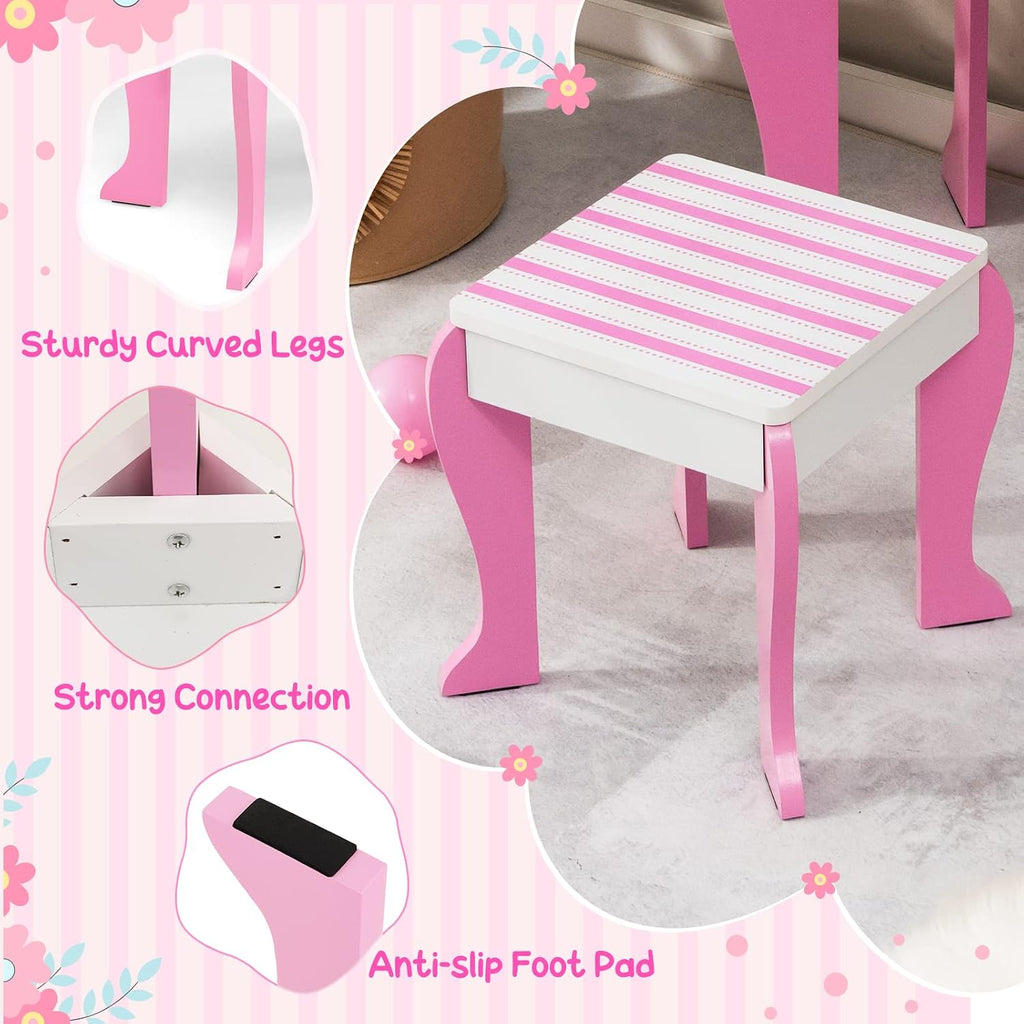 Costzon Kids Vanity, Girls Vanity Set with Mirror and Stool, Storage Drawer, Wooden Princess Makeup Dressing Table, Kids Vanity Table and Chair Set