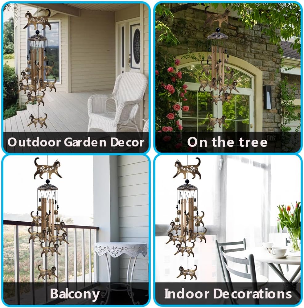 Outdoor Cats Wind Chimes Gifts for Mom - Bronze Memorial Wind Bells, Mobile Sympathy Wind Catcher, Romantic Cat Decor, 7 Cats Windchimes for Home, Balcony, Tree, Festival, Garden Hanging Decoration