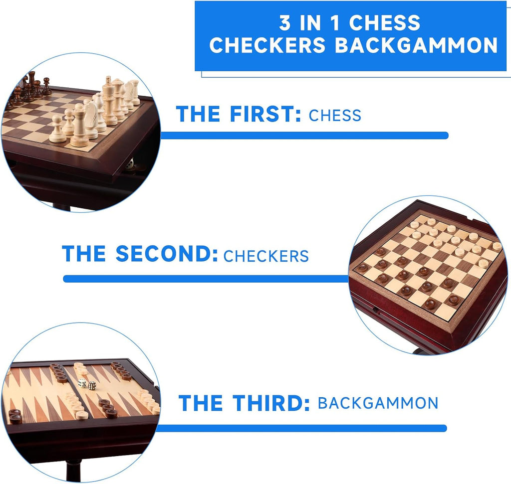GSE Wooden 3-in-1 Chess Checkers Backgammon Game Table Set with Game Pieces | Game Room Furniture Table, Board Game Table, Removable Table Top, Large Storage Area, For Family Board Games