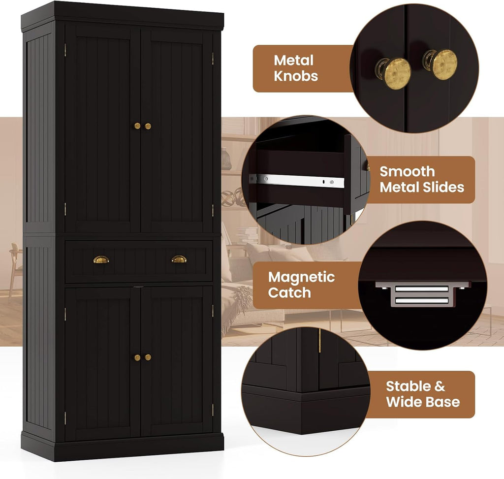 DORTALA 72” Tall Kitchen Pantry Cabinet, Wood Storage Cupboard w/ 4 Adjustable Shelves, 2 Cabinets & Drawer, Utility Freestanding Storage Cabinet for Kitchen, Hallway, Living Room, Brown