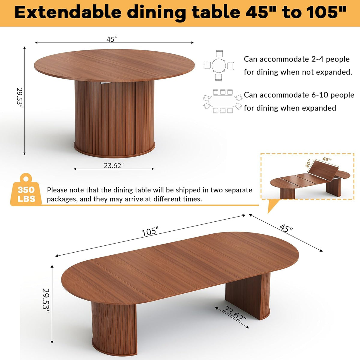 45"-105" Long Extendable Dining Table for 4-10, Mid Century Brown Wood Extendable Kitchen Table with 3 Leaf, Fluted Base for Dining Room, Space Saving (Table Only)