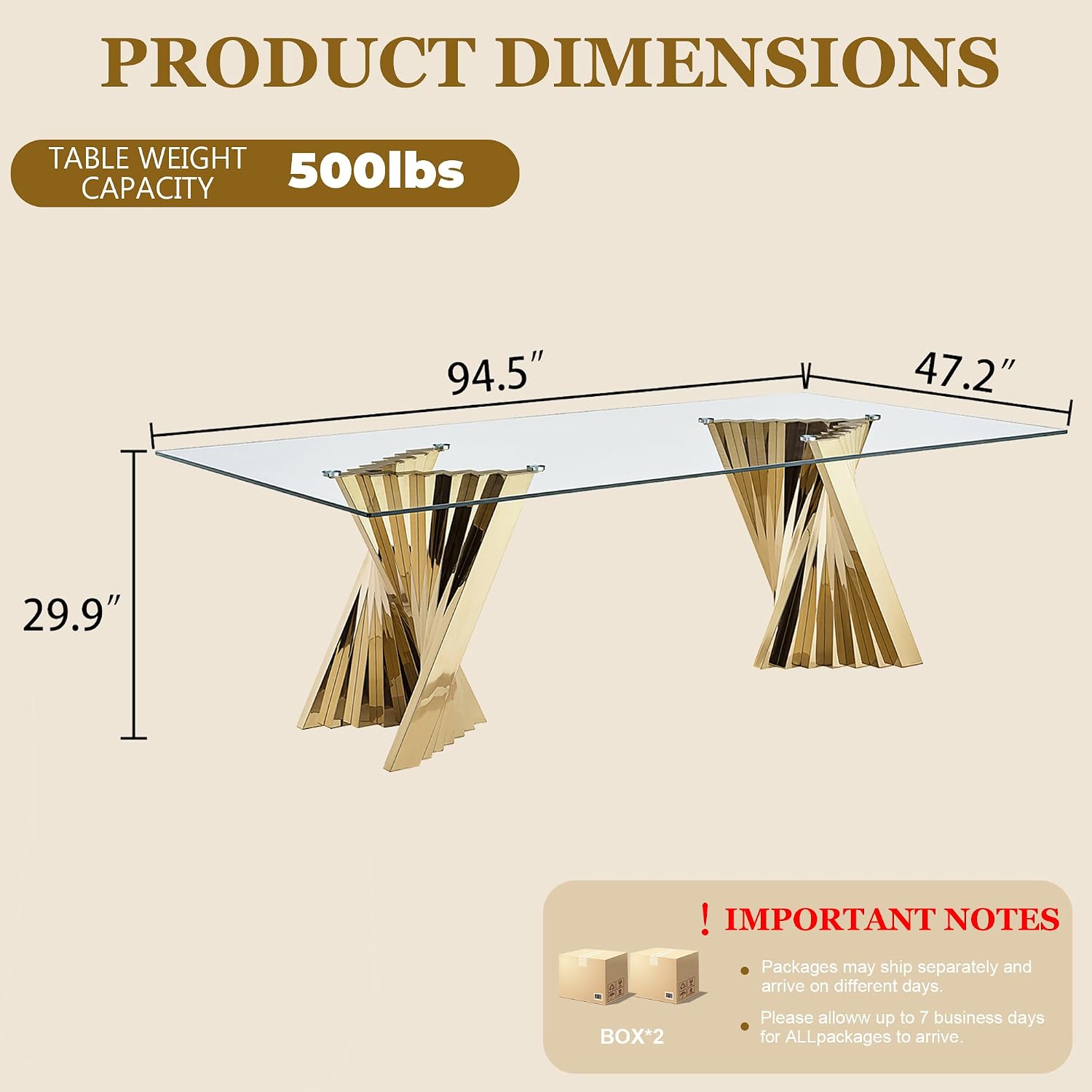 Luxury 94" Glass Dining Table for 8-10 People, Modern Rectangle Tempered Glass Top & Gold Stainless Steel Base, for Dining Room or Kitchen
