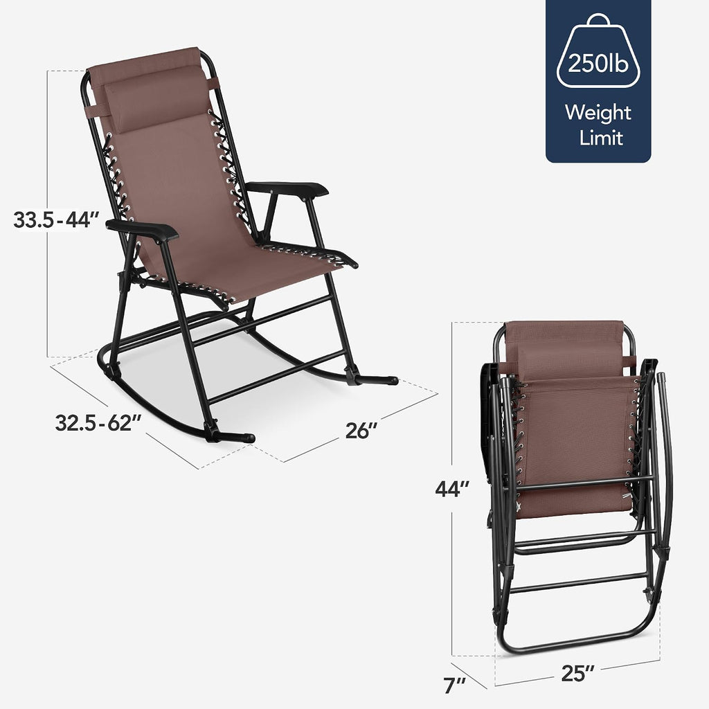 Best Choice Products Outdoor Zero Gravity Rocking Chair, Folding Reclining Patio Lounge Chair with Adjustable Pillow for Lawn, Beach, Camping - Brown