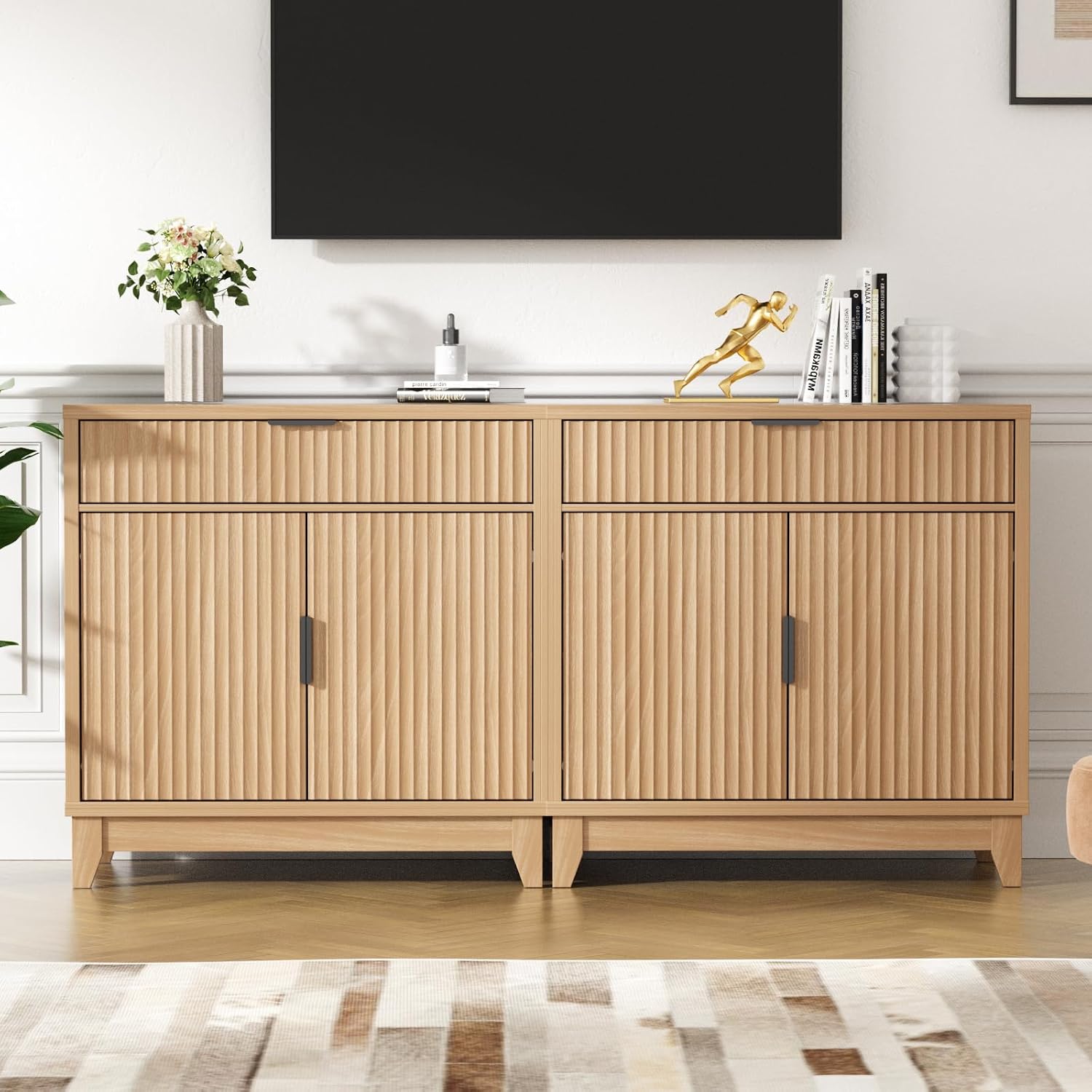 Vabches Fluted Sideboard Buffet Cabinet with Storage, 32" Coffee Bar Console Table with Drawer, Fluted Doors & Adjustable Shelf, Wood Small Buffet Cabinet for Living Room, Kitchen Dining Room, Oak