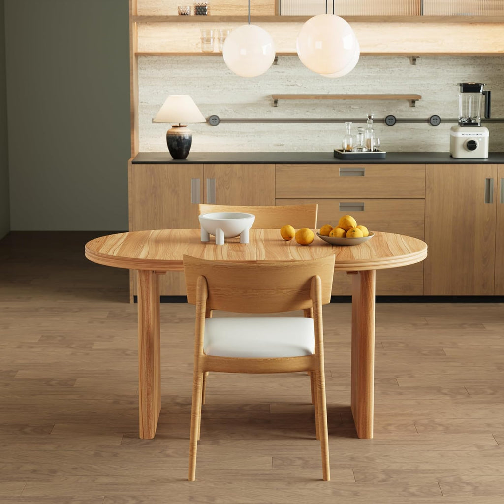 GDFStudio 55.12"-70.87" Farmhouse Extendable Oval Dining Table for 4-6, Modern Solid Wood Kitchen & Dining Table with Removable Leaf Mid-Century Modern Round Dining Tables Space Saving, Natural Walnut