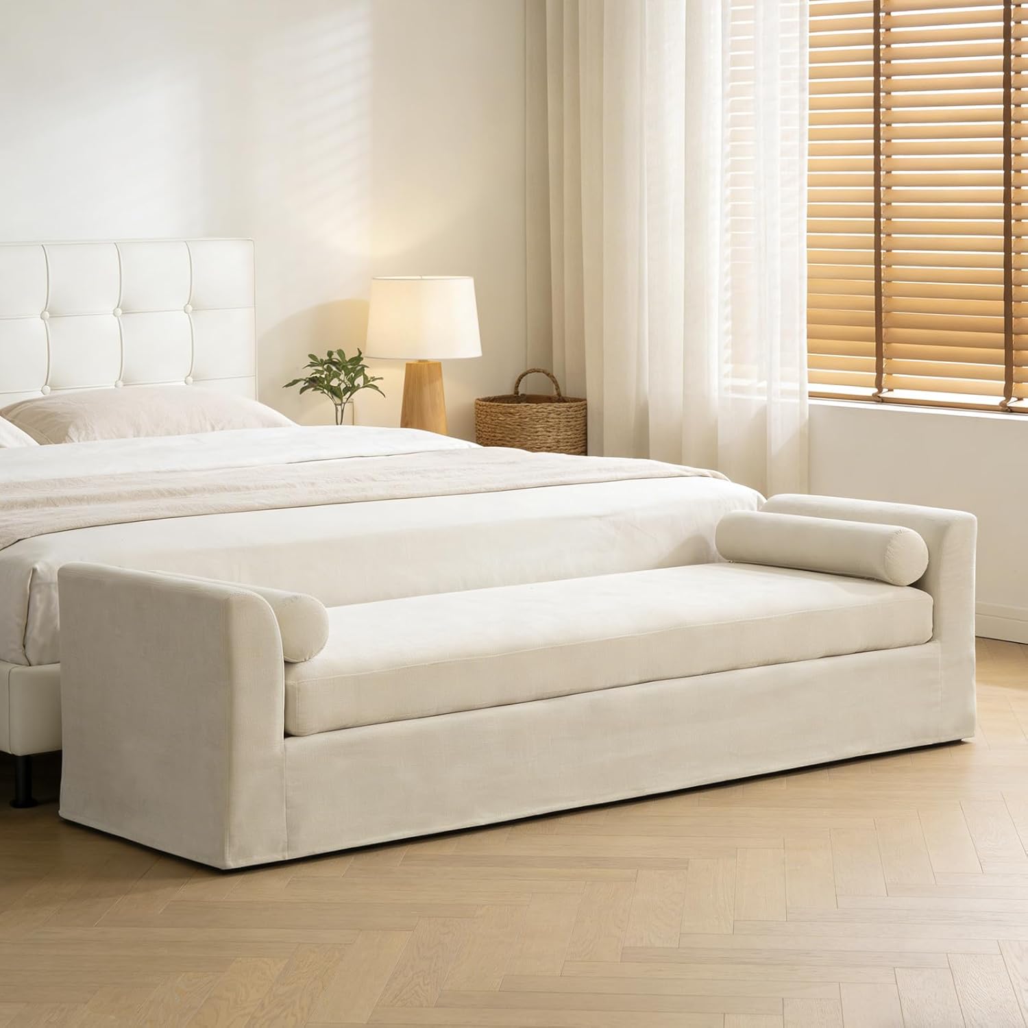 Chifee & Vingol 88.6" W Oversized Chaise Lounge Upholstered Bedroom Benches Extra-Long Indoor Bench Entryway Bench with Removable Pillows for Living Room Hallway,Beige