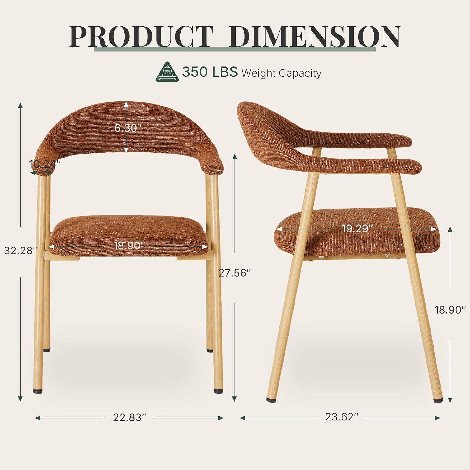 Dining Chairs Set of 4, Fabric Kitchen Side Chair for Living Room | Modern, Upholstered, Ergonomic Curved Backrest, Armrest, Metal Wood Grain Legs, Comfy, Orange