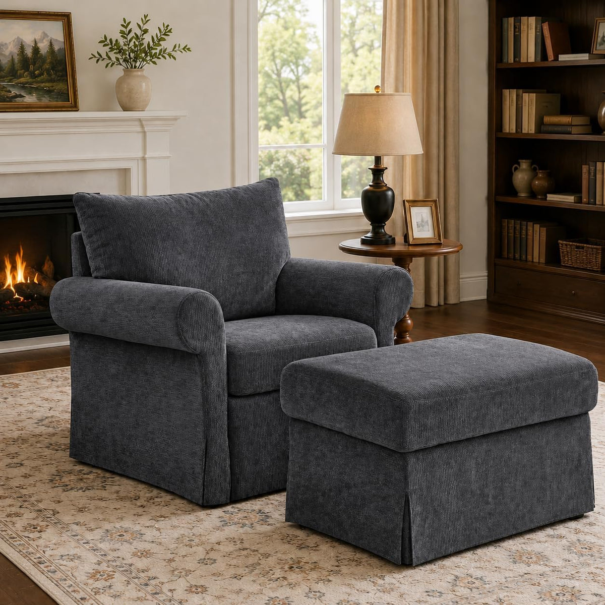 35.82" Oversized Accent Chair with Ottoman, Chenille Armchair, Gray | Accent Chair with Ottoman Set; Deep seat for relaxing; soft chenille; comfy back support; footrest ottoman; living room
