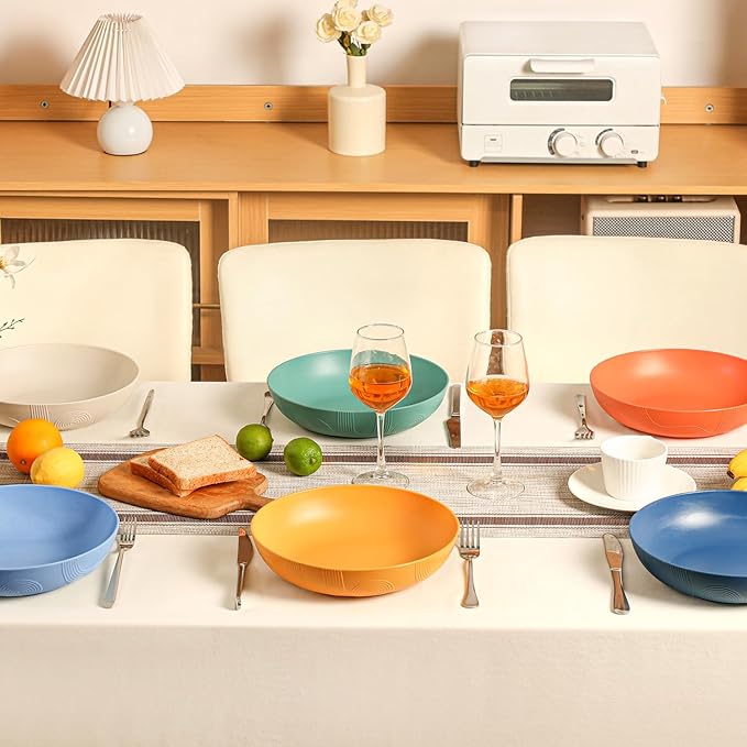 Homienly Wheat Straw Plates - 10 Inch Large Salad Bowls, Set of 6, Wide & Shallow, Microwave & Dishwasher Safe - Multi Color