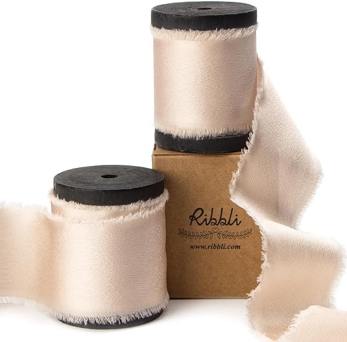 Ribbli Light Champagne Silk Satin Ribbon 1.5 Inch x 12 Yard Handmade Frayed Chiffon Ribbon with Wooden Spool for Gift Wrapping, Wedding Invitations, Bridal Bouquets, Home Decor