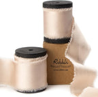 Ribbli Light Champagne Silk Satin Ribbon 1.5 Inch x 12 Yard Handmade Frayed Chiffon Ribbon with Wooden Spool for Gift Wrapping, Wedding Invitations, Bridal Bouquets, Home Decor