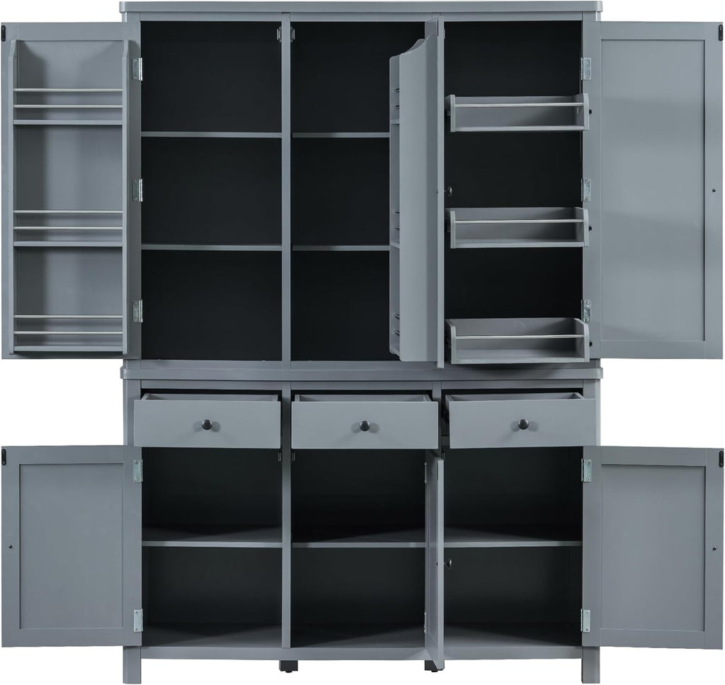 Merax 74.8'' Tall Kitchen Pantry Storage Cabinet with 6 Doors, 3 Drawers and Adjustable Shelves, Freestanding Large Cupboard & Pull-Out Trays for Kitchen, Dining Room, Living Room, Gray