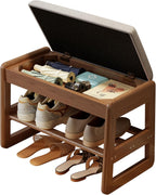AQIMUELE Shoe Rack Bench,2 Tiers Shoe Bench with Storage with Flip-Top,Wood Shoe Rack for Entryway,Hallway（Walnut Upholstered Seat,11.8" D x 23.62" W x 15.7" H）