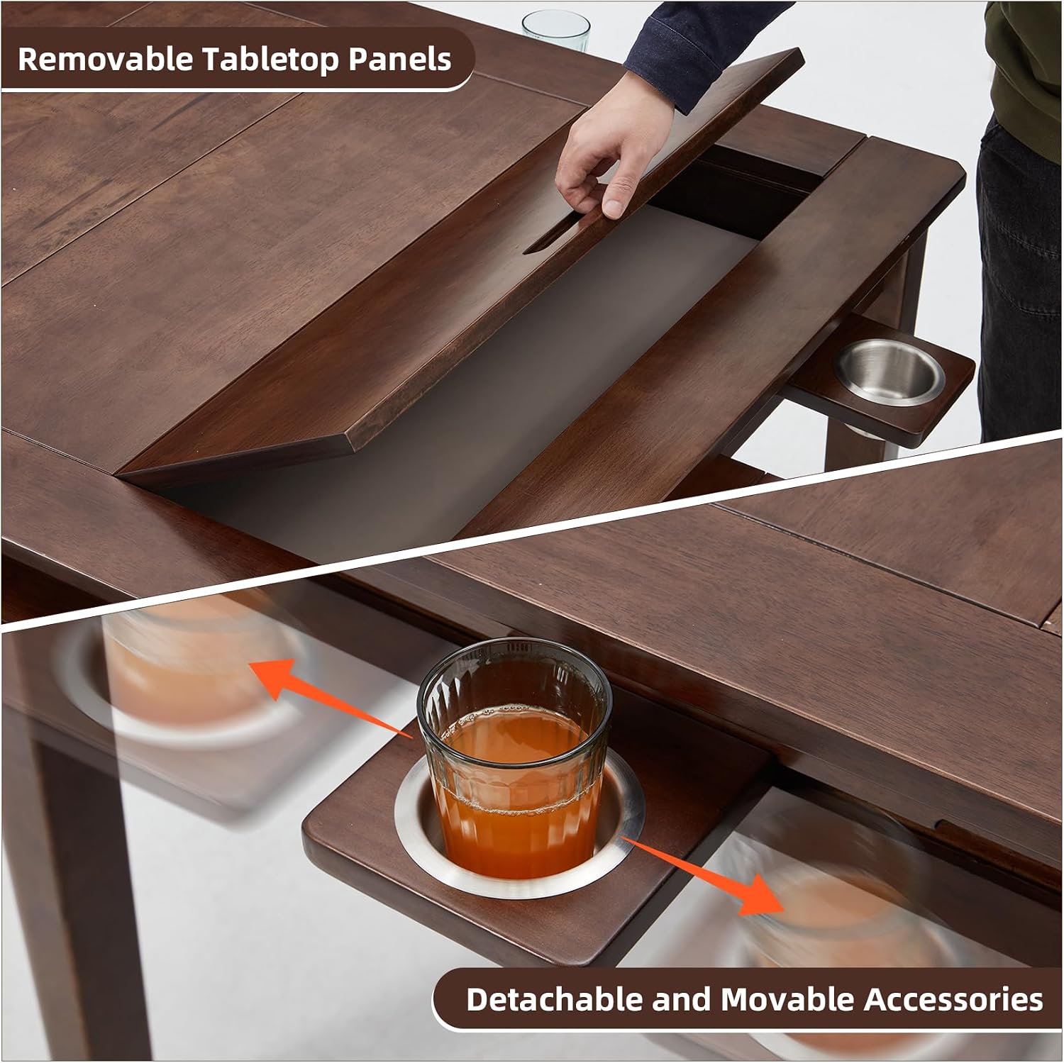Coperat Solid Wood Board Game Table for 4-6 Players,Dining/Gaming Table w/ 54"x31" Big Gaming Space and Removable Top,Includes Game Mat, 6 Cup Holders & Hobby Tray, Warm Walnut