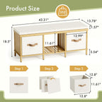 Shoe Bench, 43.3" Storage Bench, Entryway Bench with Cushion Seat | Natural Bamboo Bench with Storage, Easy Assembly, End of Bench with Drawers, Storage Organizer for Bedroom/Entryway/Closet