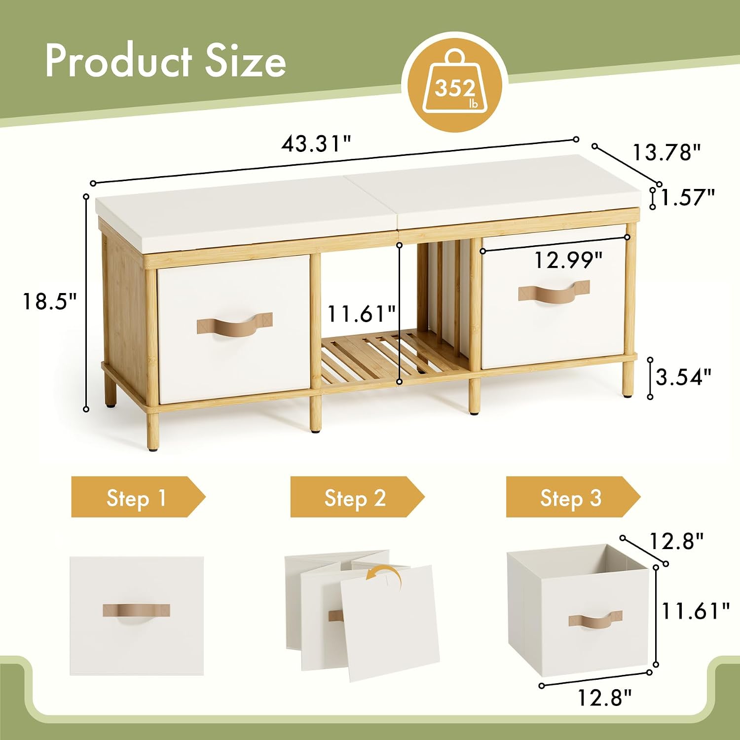Shoe Bench, 43.3" Storage Bench, Entryway Bench with Cushion Seat | Natural Bamboo Bench with Storage, Easy Assembly, End of Bench with Drawers, Storage Organizer for Bedroom/Entryway/Closet