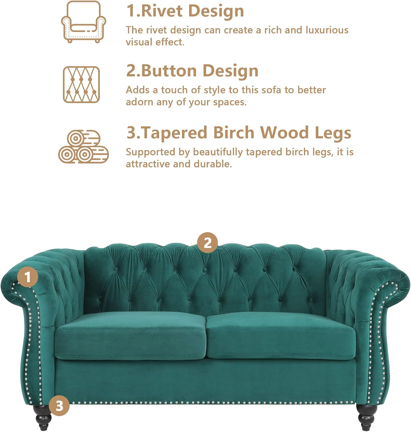 Velvet Sofa Couches Set, 3-Piece Mid Century Modern Upholstered Couch with Cushions, Home Sofa Sectional Furniture Sets, Comfy Tufted Chesterfield Couches for Living Room, Bedroom, Office