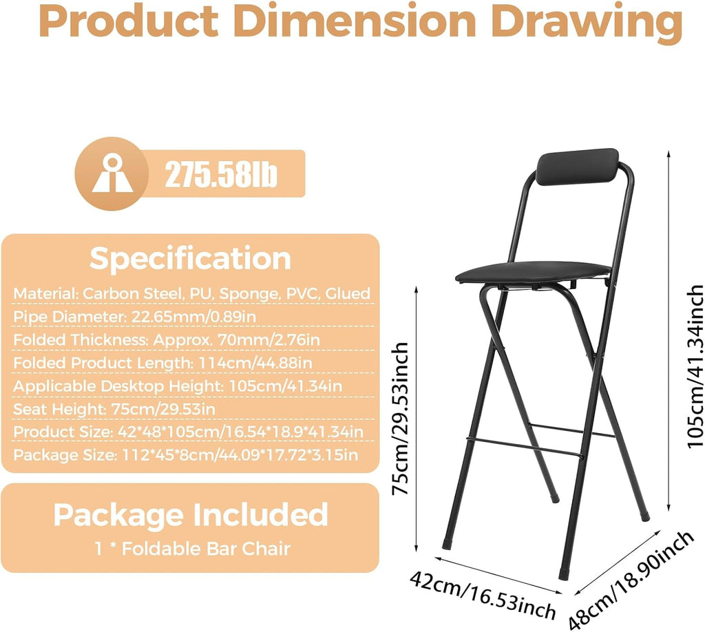 Folding Stool, Cushioned Padded Folding Stool Portable Bar Stool with Back for Camping Kitchen Home Office, Tall Bar Collapsible Stools (Black, 1Pcs 29.53in)