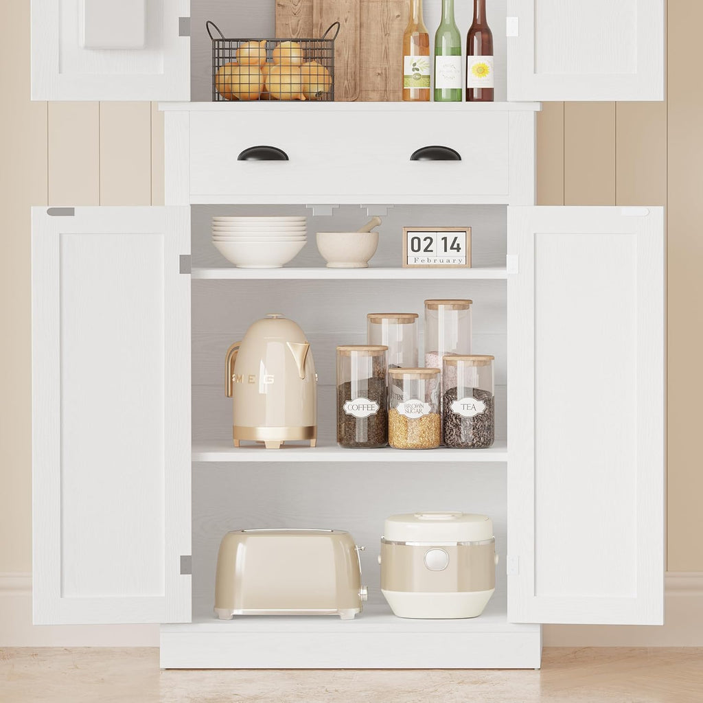 IRONCK Kitchen Pantry Storage Cabinet 72.6" H x 24" W, White | Freestanding Storage Cabinet with Barn Doors, Drawer, 4 Adjustable Shelves, Tall Snack Food Cabinet for Dining Room