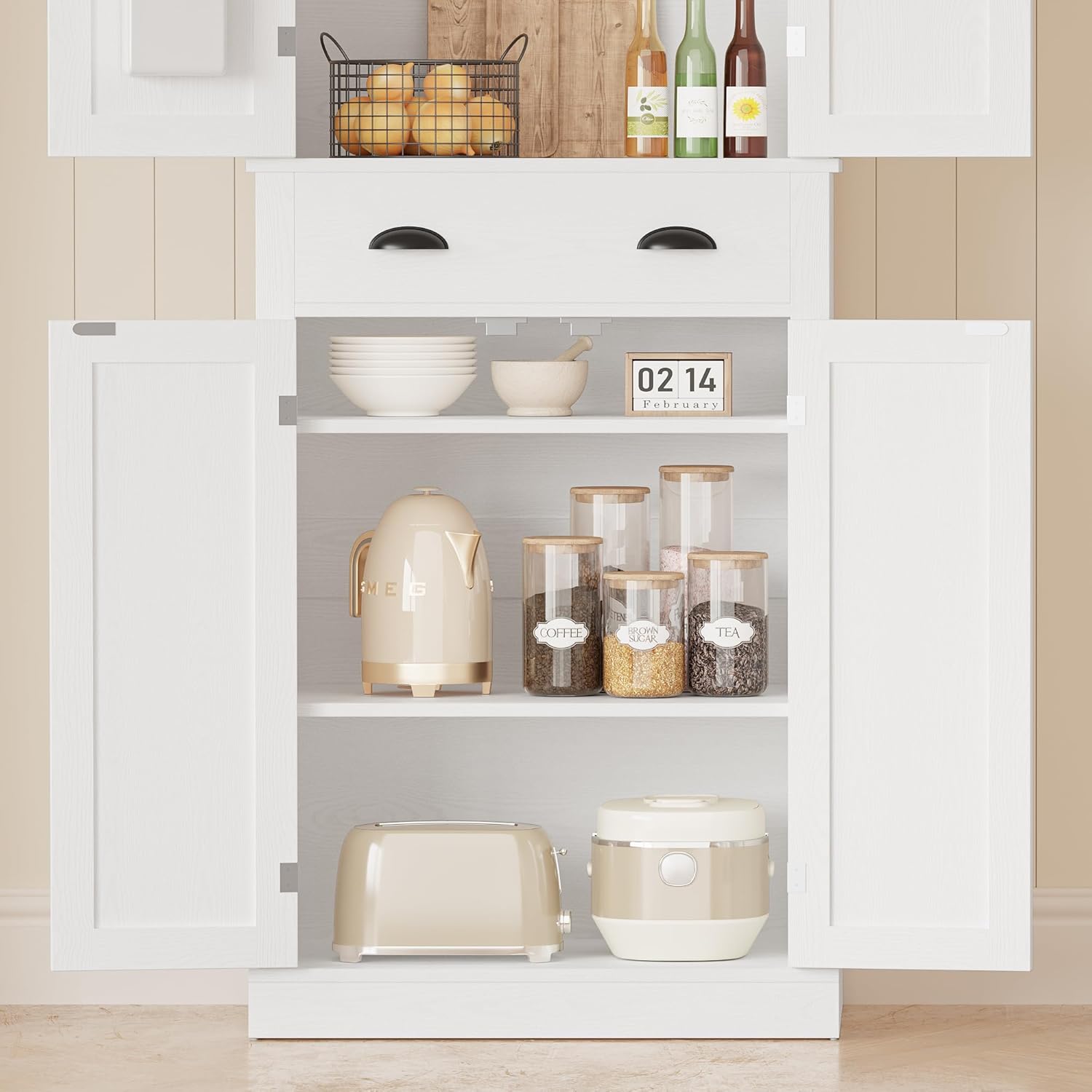 IRONCK Kitchen Pantry Storage Cabinet 72.6" H x 24" W, White | Freestanding Storage Cabinet with Barn Doors, Drawer, 4 Adjustable Shelves, Tall Snack Food Cabinet for Dining Room